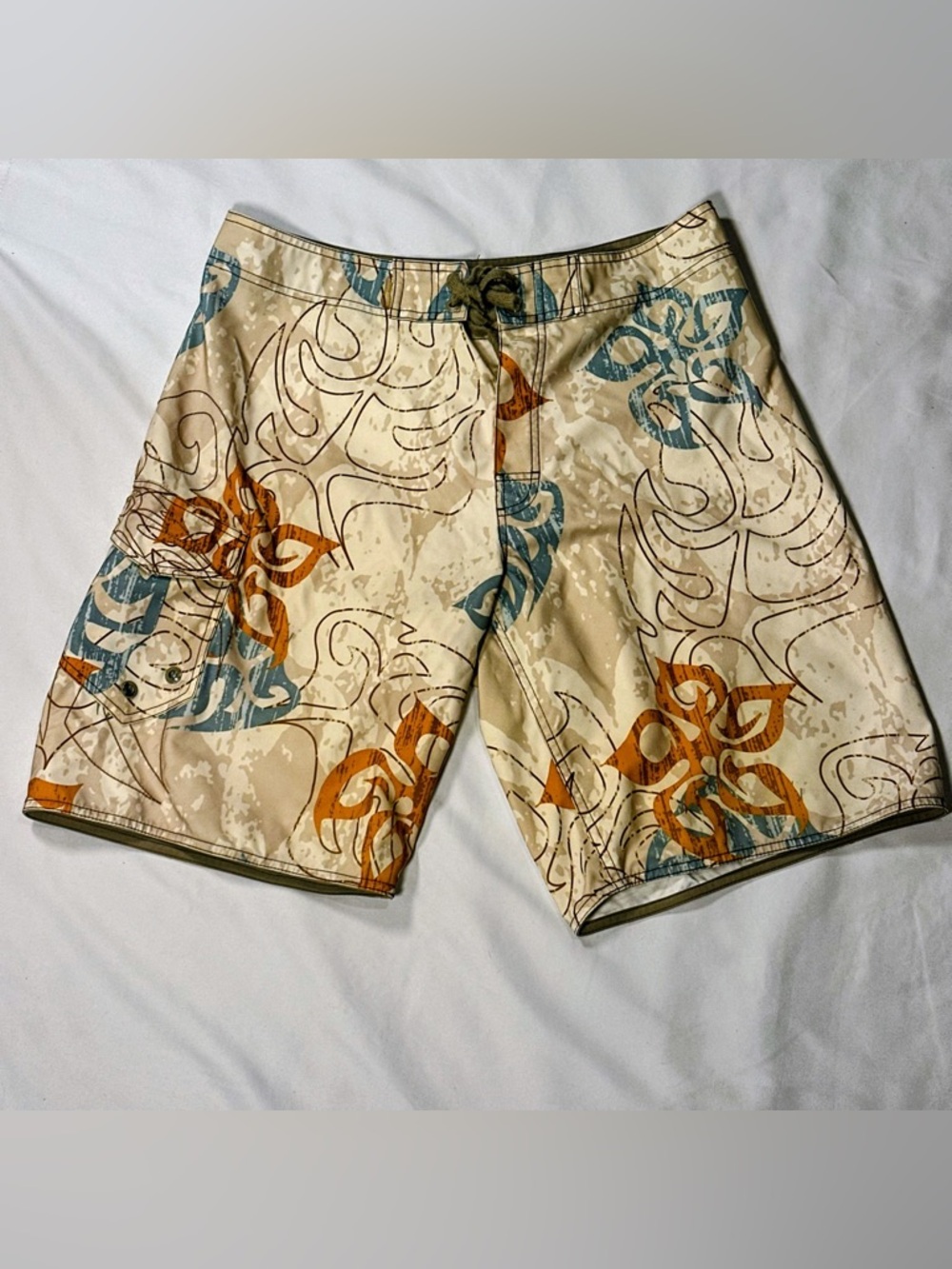 Men's Beige Floral-Print Swim Board Shorts